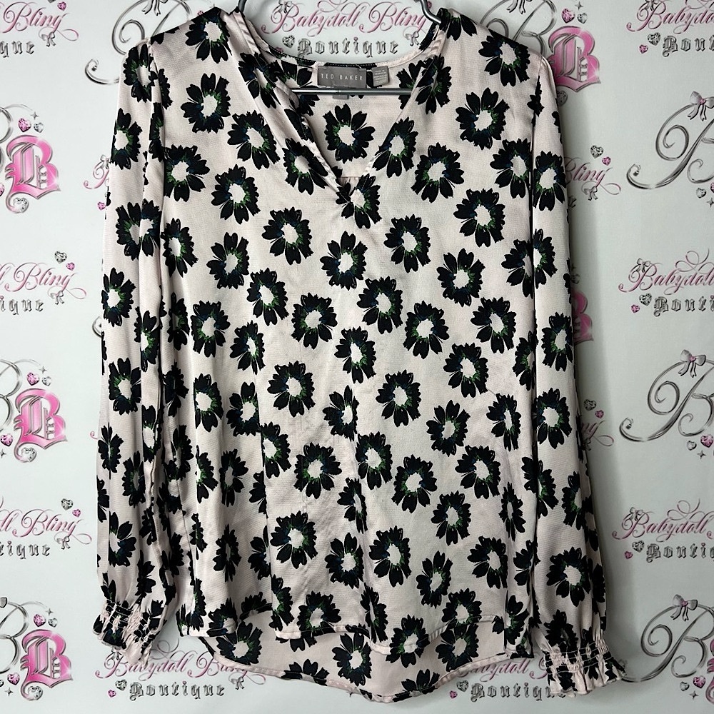 Ted Baker blouse top long sleeves floral flowers Black and Green Floral Blouse